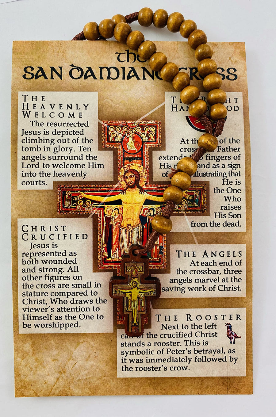 San Damiano Rosary Wooden Beads with Colorful Cross and Faith Explained Large Holy Card Set