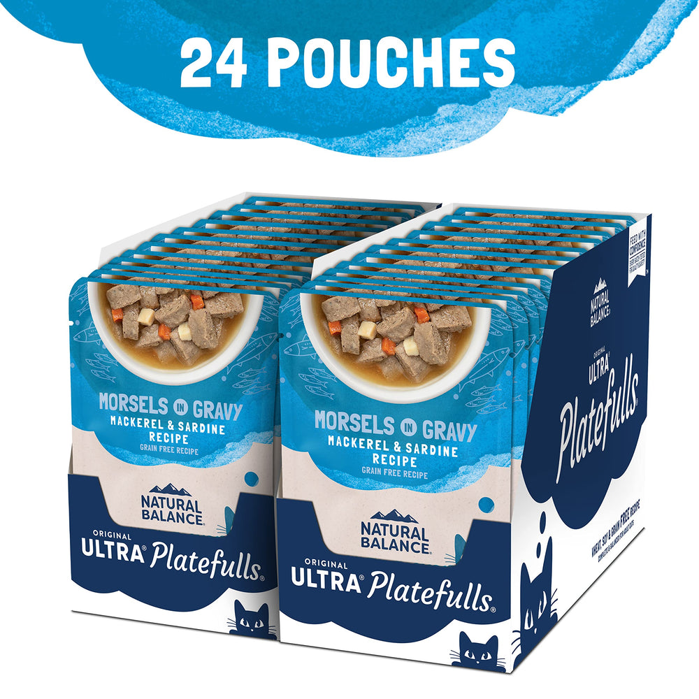 Original Ultra Platefulls Indoor Adult Grain Free Wet Cat Food, Mackerel & Sardine Recipe, 3 Ounce Pouch (Pack of 24)