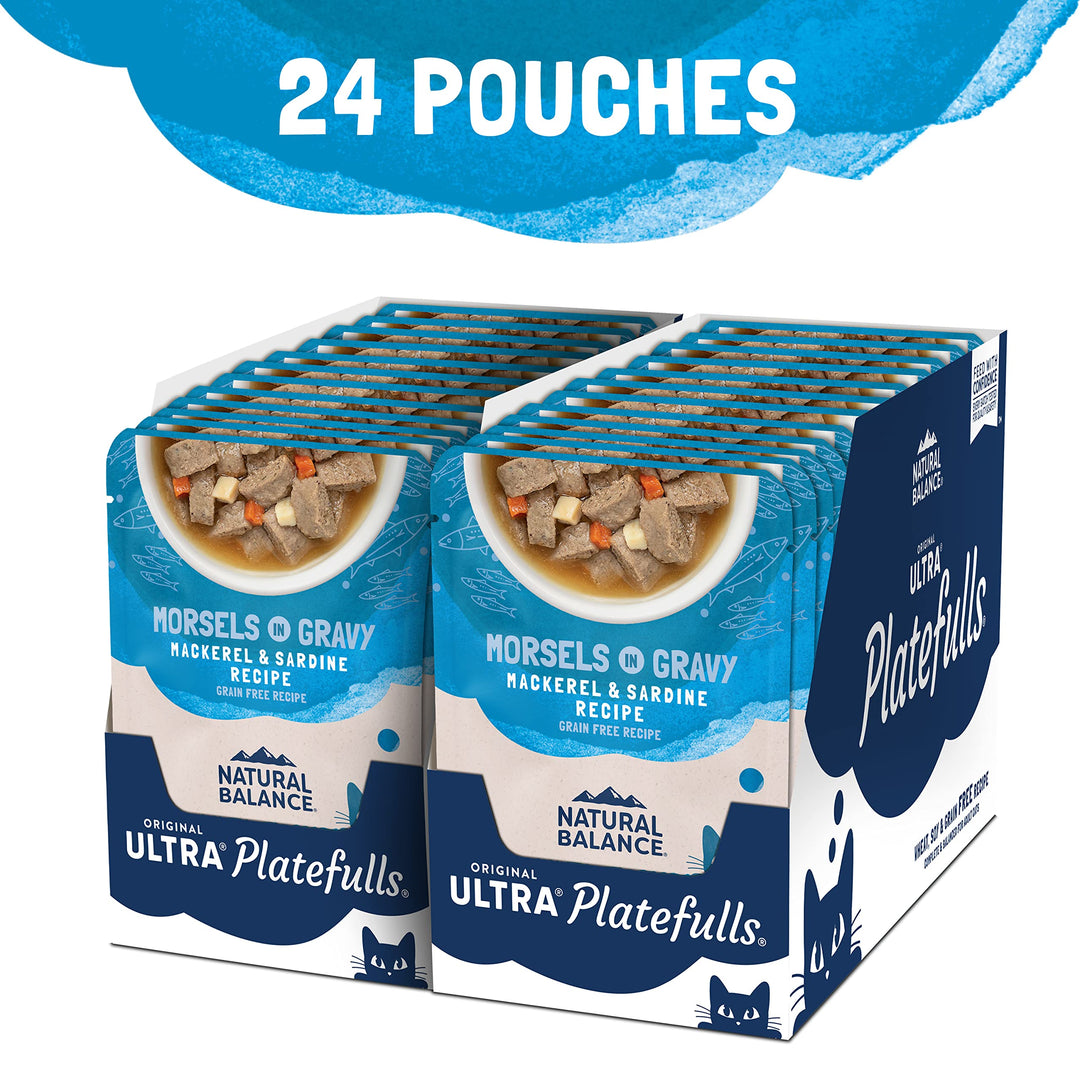 Original Ultra Platefulls Indoor Adult Grain Free Wet Cat Food, Mackerel &amp; Sardine Recipe, 3 Ounce Pouch (Pack of 24)