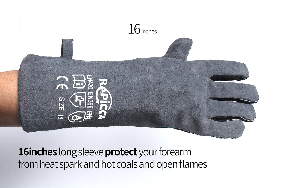 Fireplace Gloves Fire Heat Resistant: Grey 16IN - Fireproof Leather for Fireplace Fire pit Wood stove Campfire Furnace BBQ Grill Stick Mig Welding Welder Gear - one size 662