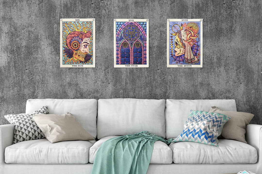 Tarot Tapestry Blacklight Tapestry UV Reactive Sun Moon Wall Trippy Tapestry for Bedroom Aesthetic (Sun Moon Star Set, 13&#39;&#39;x18&#39;&#39;Each)
