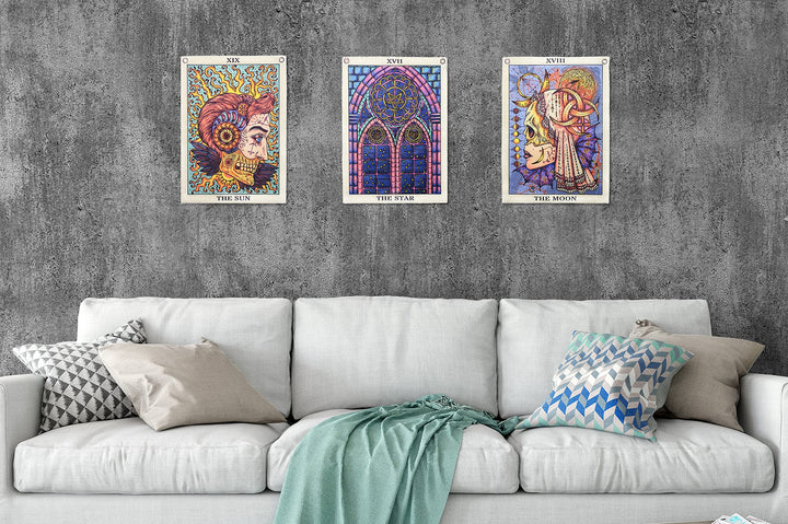 Tarot Tapestry Blacklight Tapestry UV Reactive Sun Moon Wall Trippy Tapestry for Bedroom Aesthetic (Sun Moon Star Set, 13&#39;&#39;x18&#39;&#39;Each)