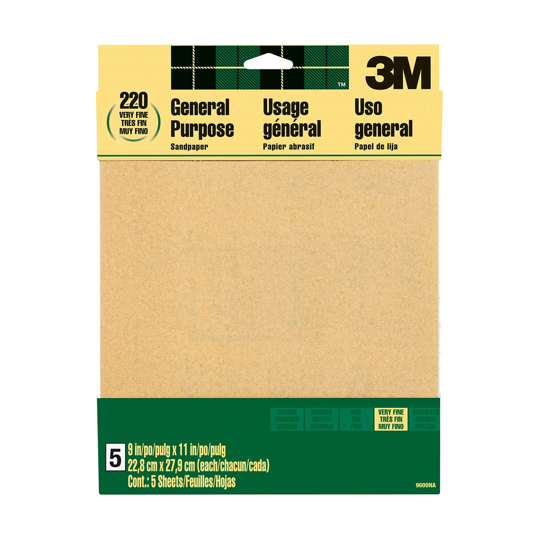 Sandpaper, 220 Grit, 5 Sheets, 9 in x 11 in, Sands Paint, Wood &amp; Metal, Great For General Purpose Sanding, Very Fine Aluminum Oxide Sand Paper (9000NA-20)