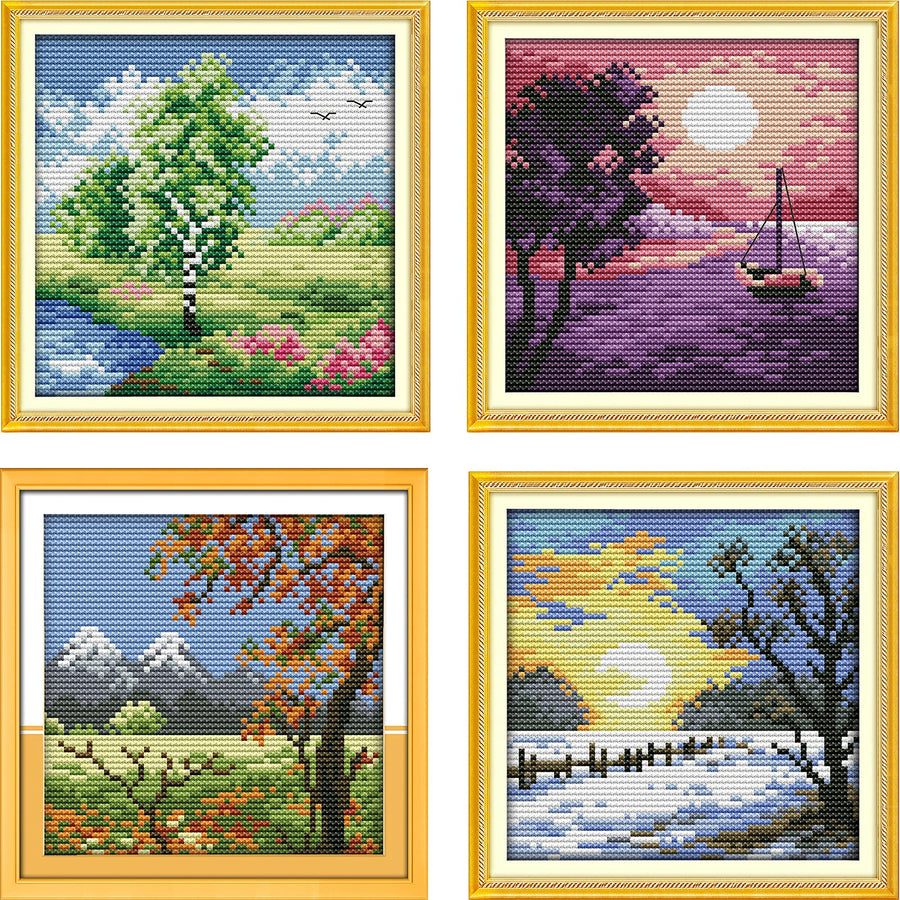 Cross Stitch Stamped Kits for Adults 4 Pack Scenery Pattern 11CT Printed Cross Stitch Kits for Beginner Prestamped Easy Needlepoint Kits Crafts for Decor 7.9x7.9 inch