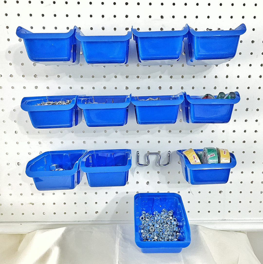 Removable Pegboard Bins with Hooks 12 Peg Board Wall Mounted Storage Bins for Garage Workbench Organizer &amp; Craft Room Wooden Pegboard Heavy Duty Portable Bins Each Hold 3+ Lbs (Dark Blue)