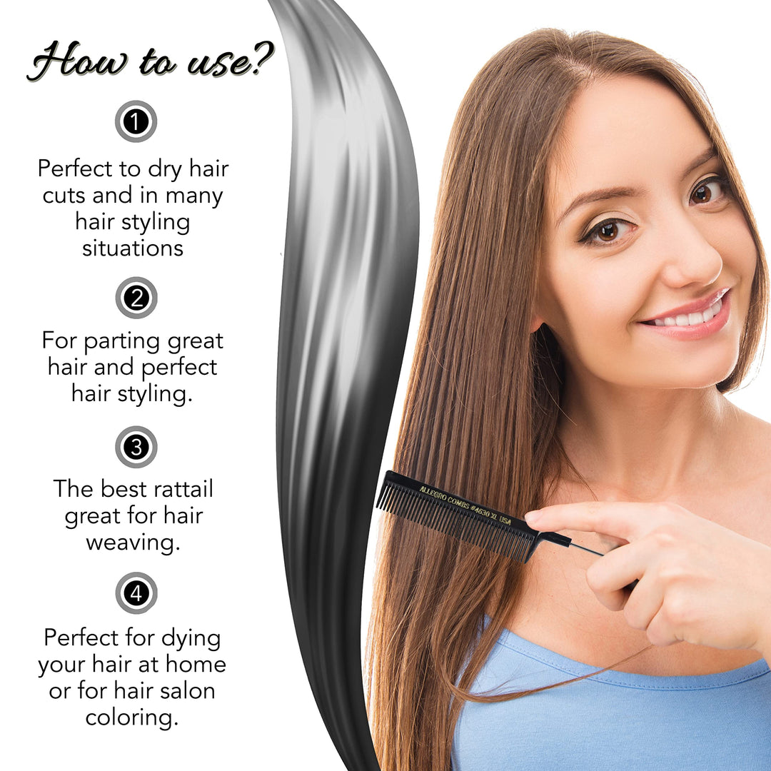 XL Pintail Rat Tail Combs Parting Combs Metal Tail Foiling Combs Pin Combs 2 Pc. (BLACK &amp; WHITE)