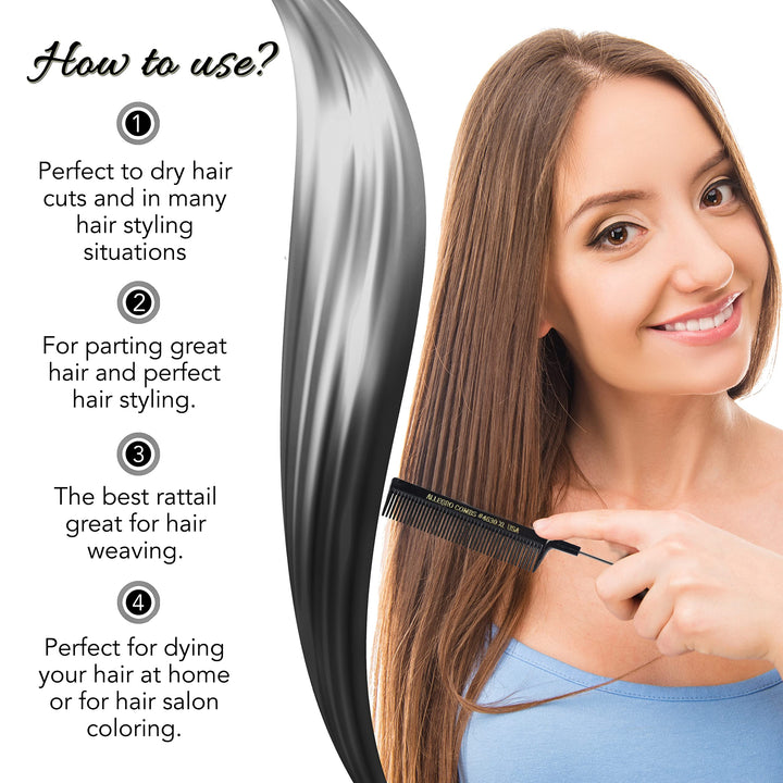 XL Pintail Rat Tail Combs Parting Combs Metal Tail Foiling Combs Pin Combs 2 Pc. (BLACK &amp; WHITE)