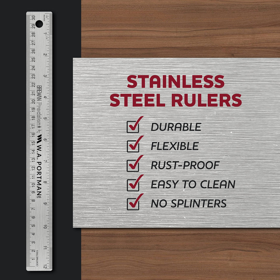 Metal Ruler 12 Inch Cork Back - Stainless Steel Metal Ruler with Cork Backing - Straight Edge 12 inch Metal Ruler - Flexible Stainless Steel Ruler - Imperial &amp; Metric Ruler 12 Inch