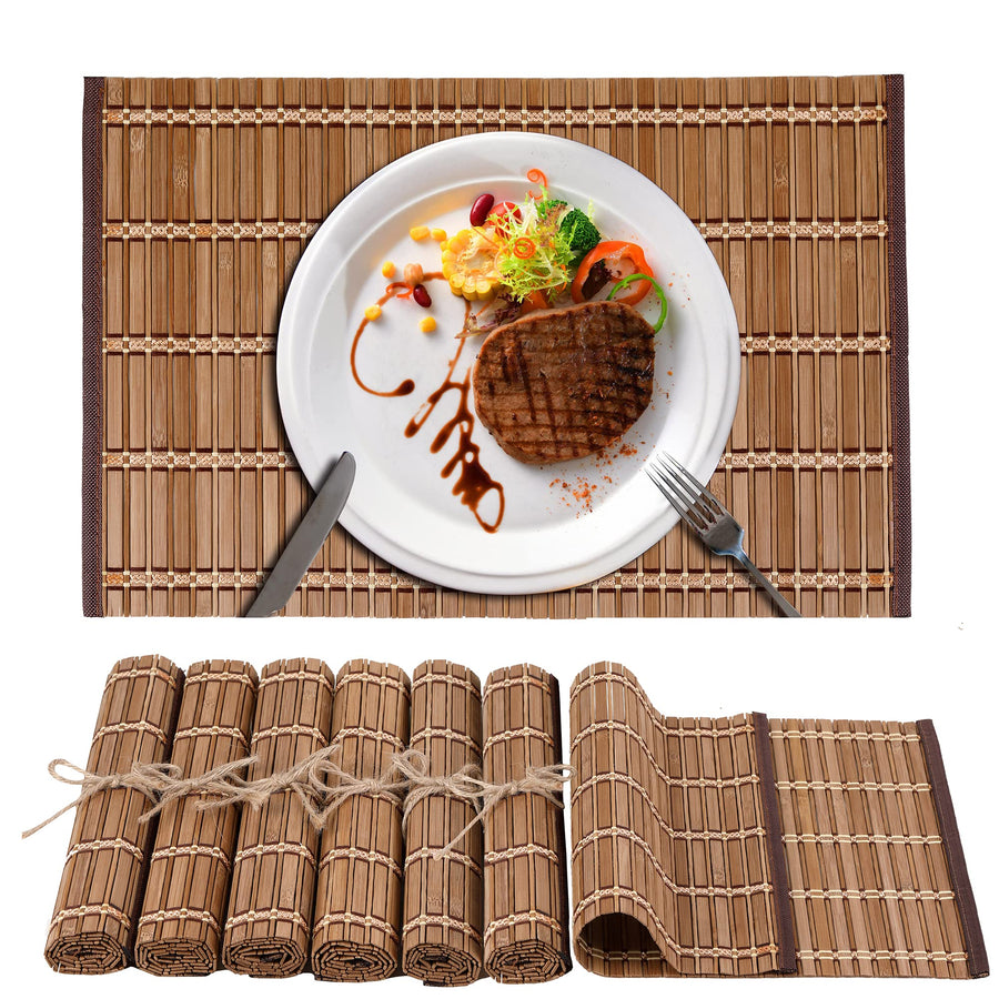 Natural Bamboo Table Wood Placemats Set of 6, Rustic Wooden Placemats for Dinner Table Kitchen Protection Bamboo Table Mat, Modern Placemats