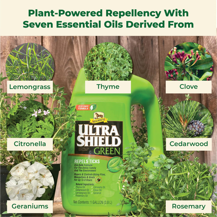Absorbine UltraShield Green All-Natural Fly & Insect Repellent for Horses & Dogs, Essential Oils Repel & Control, 128oz Bottle, No Sprayer