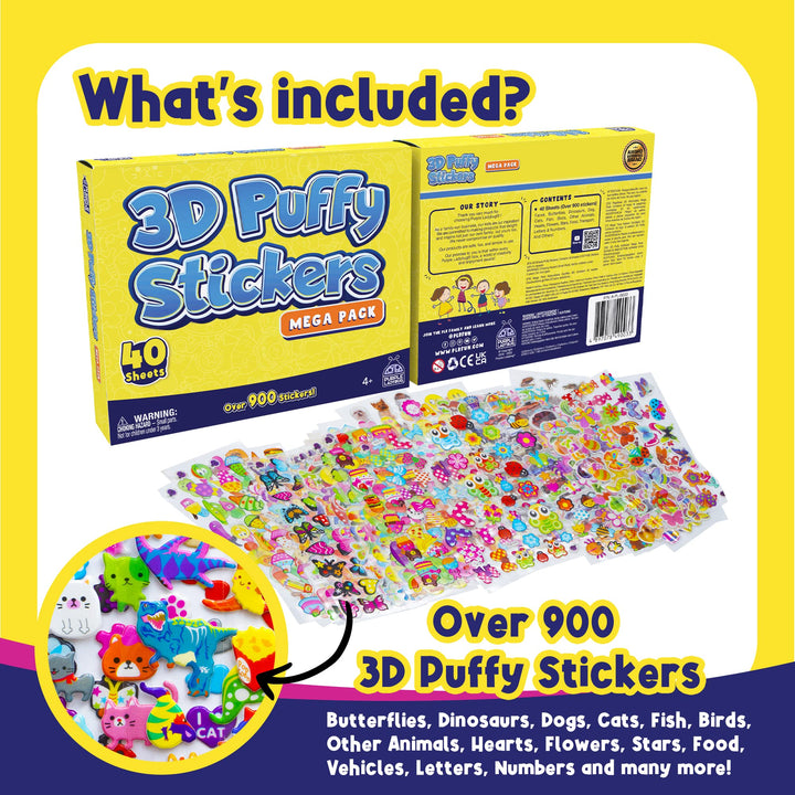 3D Puffy Stickers for Kids Activities - 40 Bulk Sticker Sheets with 950+ Cute Puffy Stickers for Toddlers 1-3 Girls &amp; Boys - Sticker Pack Includes Fish, Animals, Alphabet, Cars, &amp; More