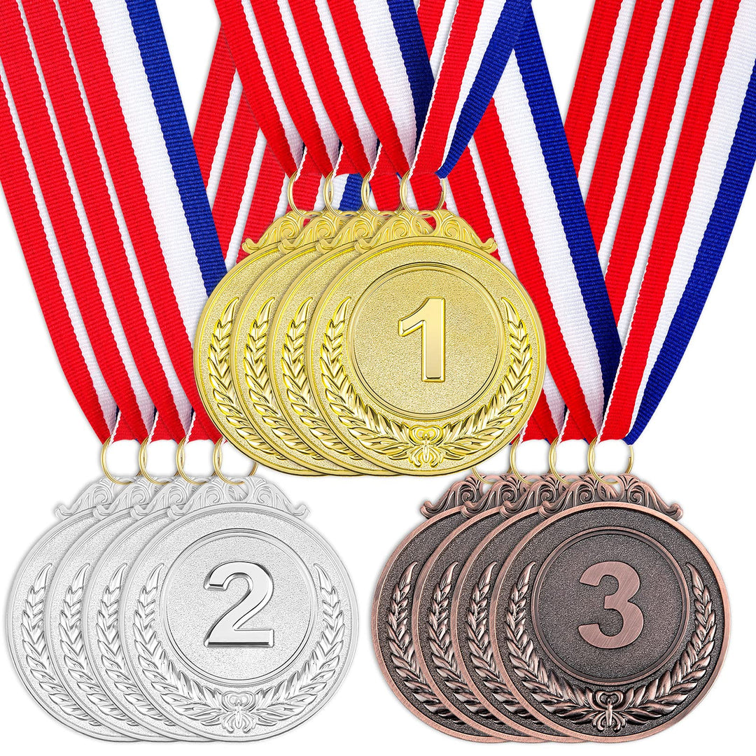 12 Pieces Award Medals 1st 2nd 3rd (Gold, Silver, Bronze) Metal Style Winner with Neck Ribbon, 2 Inches