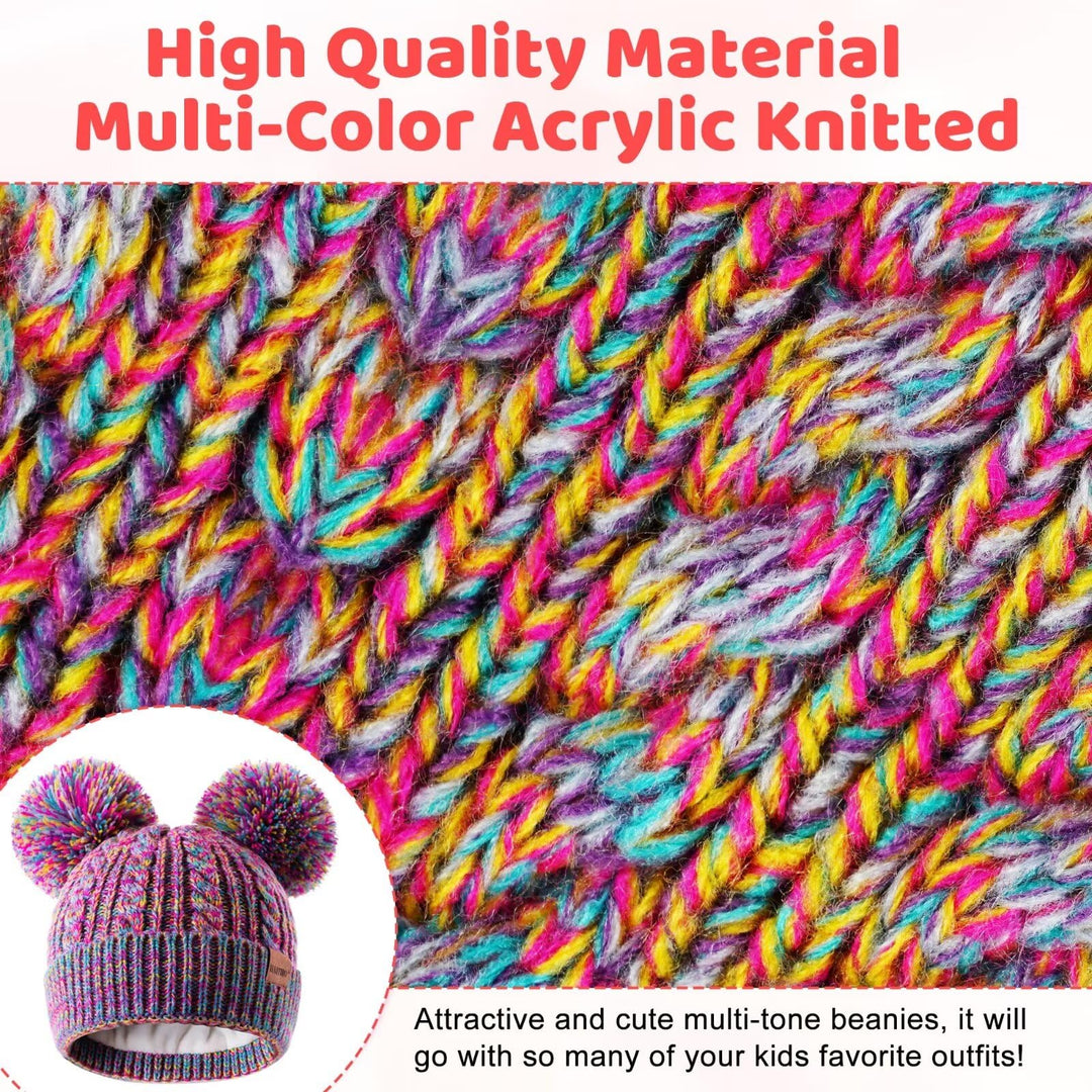 Winter Hat for Kids Toddler Children, Girls Beanie with Double Pom Pom Warm Thick Thermal Fleece Lined, Girls Accessories Cute Knit Beanies Cap for Cold Weather(Rainbow)