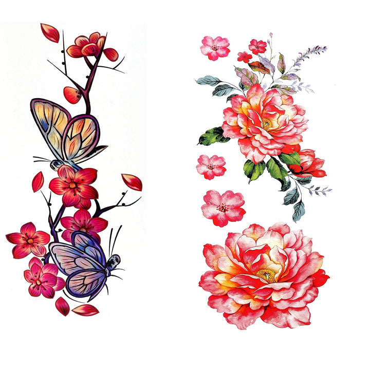 9 Large Temporary Tattoos Assorted Floral Designs - For Women and Girls for Arms Legs Shoulder or Back