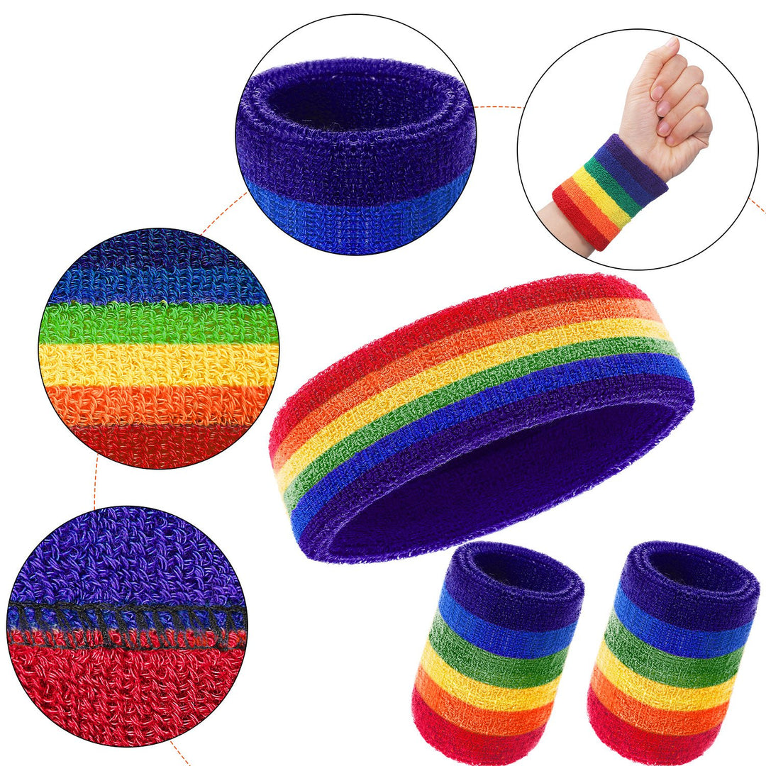3 Pcs Sweatbands Set 80s Neon Sports Headband Tennis Striped Sweat Band Paris Sports Competitions Sports Games for Men Women Party Supplies(Rainbow,Striped Style)