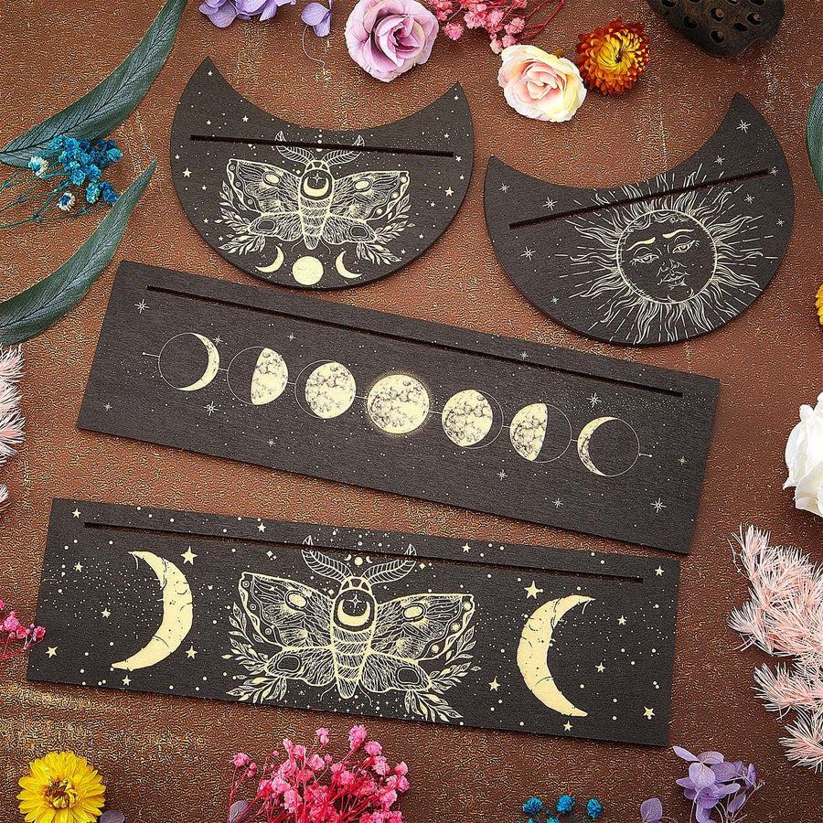 Wooden Tarot Card Stand Holder 4 Pieces Moon Phase Tarot Card Altar Stand Sun Moth Pattern Tarot Card Holder Stand Rectangle Moon Shape Display Wooden Card Stand Oracle Witch Divination Tools