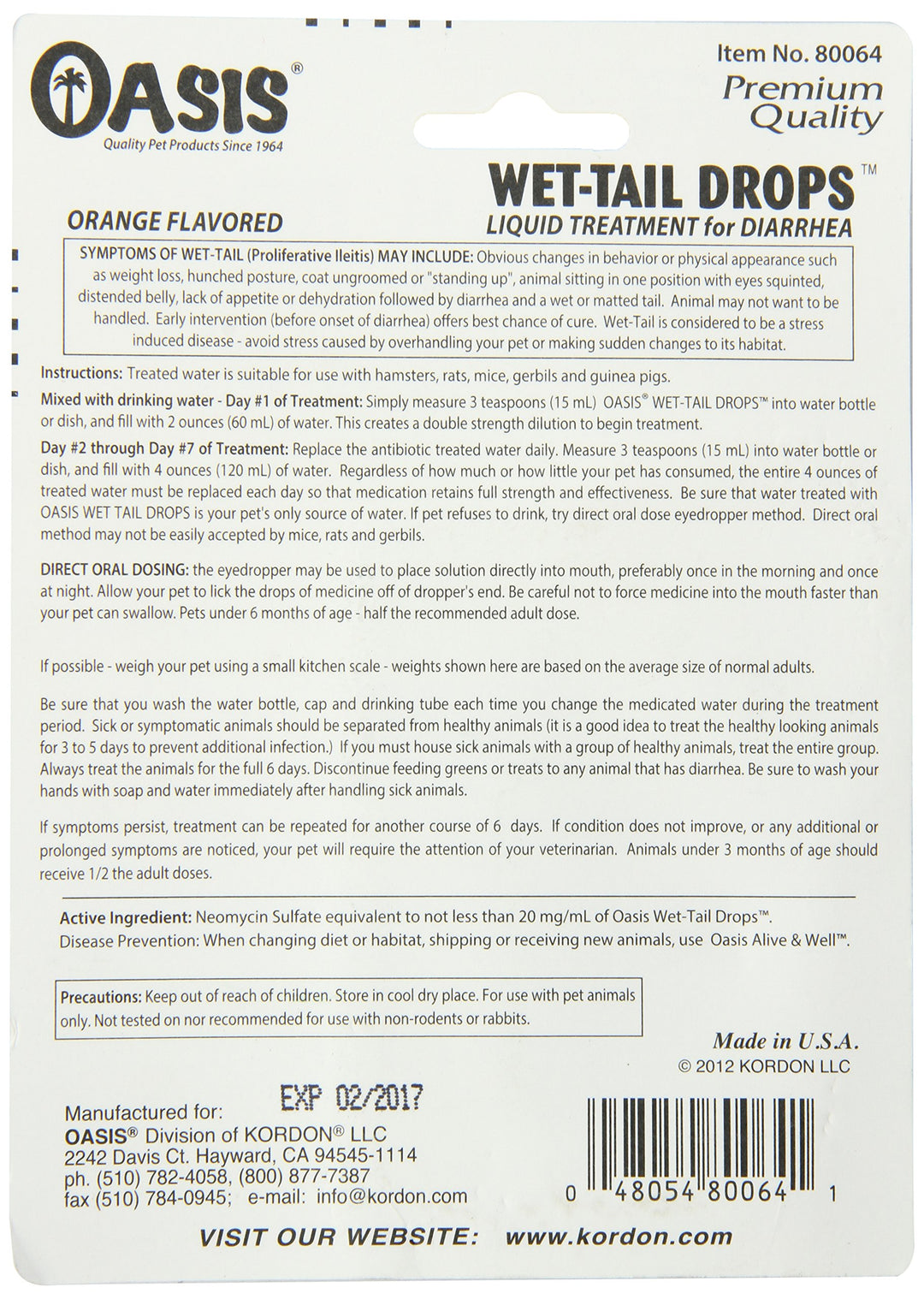 Oasis #80064 Wet Tail Drops- Liquid Treatment for Diarrhea, 1-Ounce