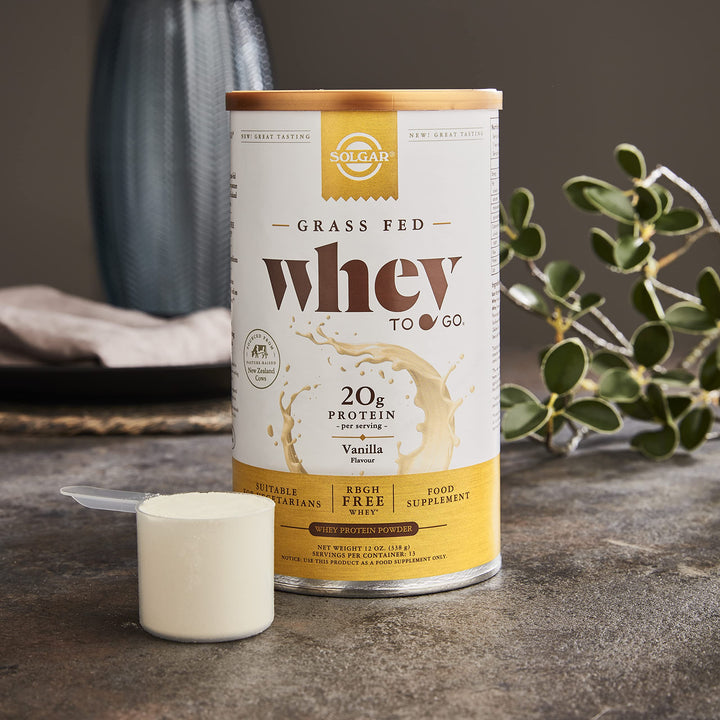 Solgar Grass Fed Whey to Go Protein Powder Vanilla, 11.9 oz - 20g of Grass-Fed Protein from New Zealand cows - Great Tasting &amp; Mixes Easily - Supports Strength &amp; Recovery -, 13 servings