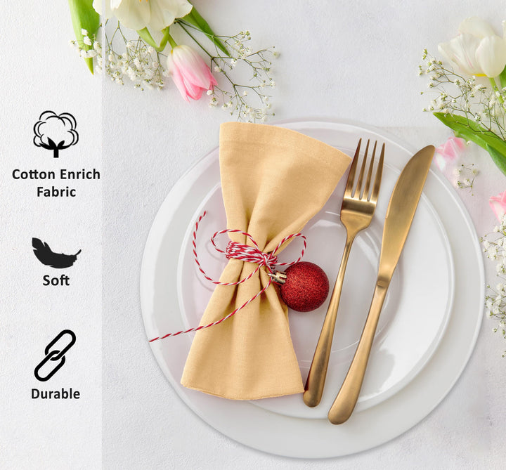 Ruvanti Cloth Napkins Set of 12, 18x18 Inches Napkins Cloth Washable, Soft, Durable, Absorbent, Cotton Blend. Table Dinner Napkins Cloth for Hotel, Lunch, Restaurant, Wedding, Parties - Yellow Gold