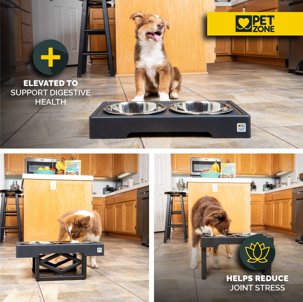 Elevated Dog Bowls Designer Diner 3 Height Adjustable Raised Dog Bowl Stand with 2 Stainless Steel Bowls (7 Cup Capacity Each)