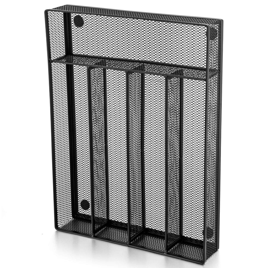Silverware Drawer Organizer, Mesh Wire Utensil Tray Drawer Organizer for Kitchen, Black Narrow Metal Flatware Cutlery Holder/Divider, 5 Compartment & Small Size - 12.5 x 9.25-Inch