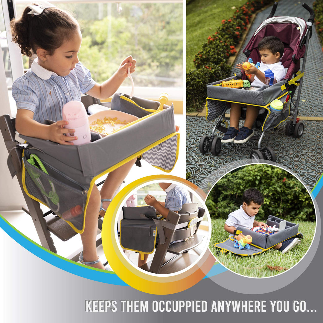 Kids Travel Tray - Car Seat Tray - Travel Lap Desk Accessory for Your Child's Rides and Flights - it's a Collapsible Organizer that Keeps Children Entertained Holding Their Toys (Yellow)