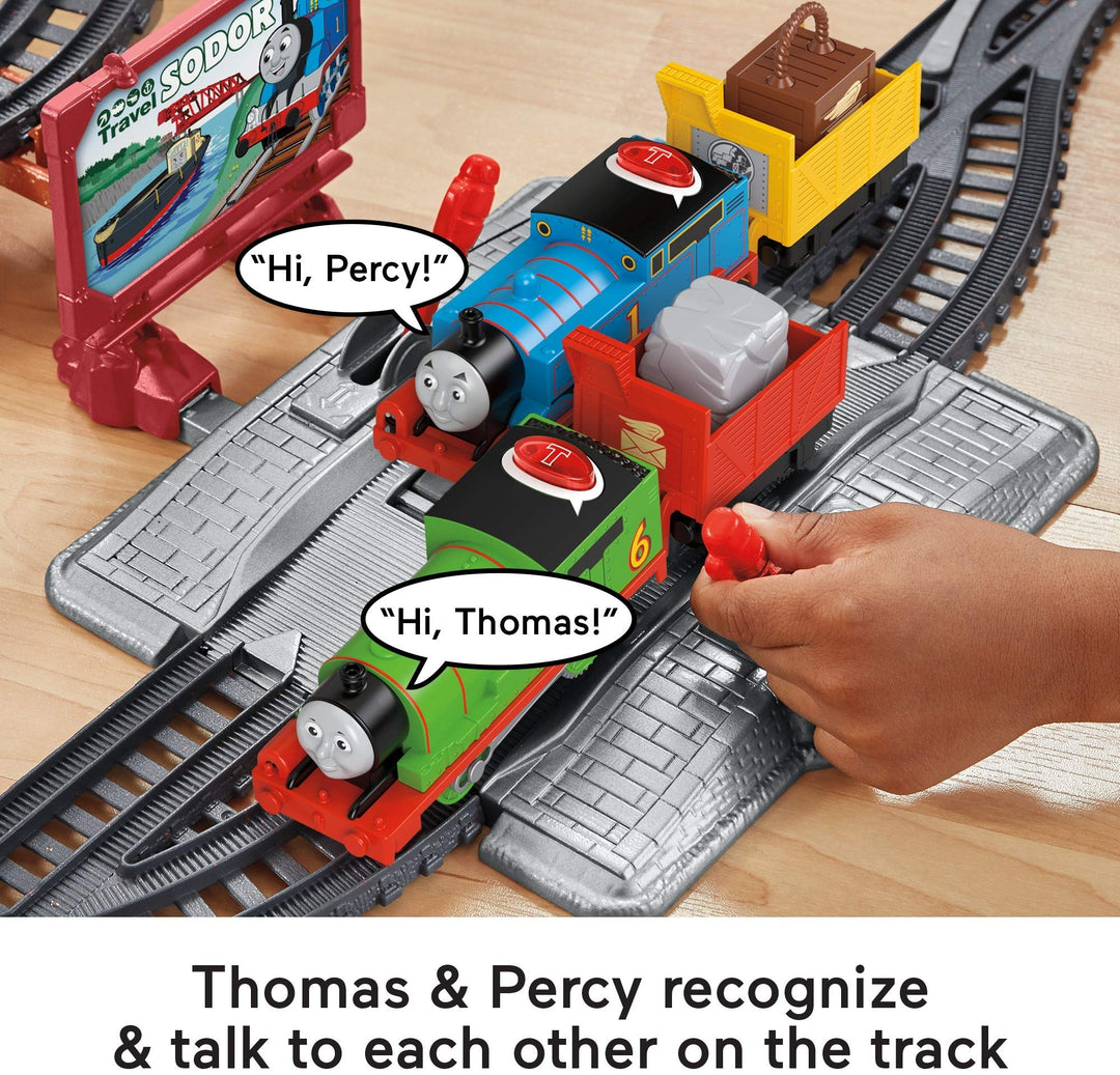 Thomas &amp; Friends Toy Train Set Talking Thomas &amp; Percy Motorized Engines with Track, Sounds &amp; Phrases for Preschool Pretend Play Kids Ages 3+ Years