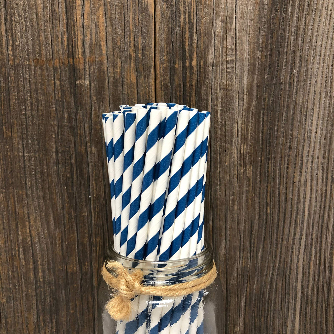 Navy Blue Stripe Paper Straws - 100 Pack