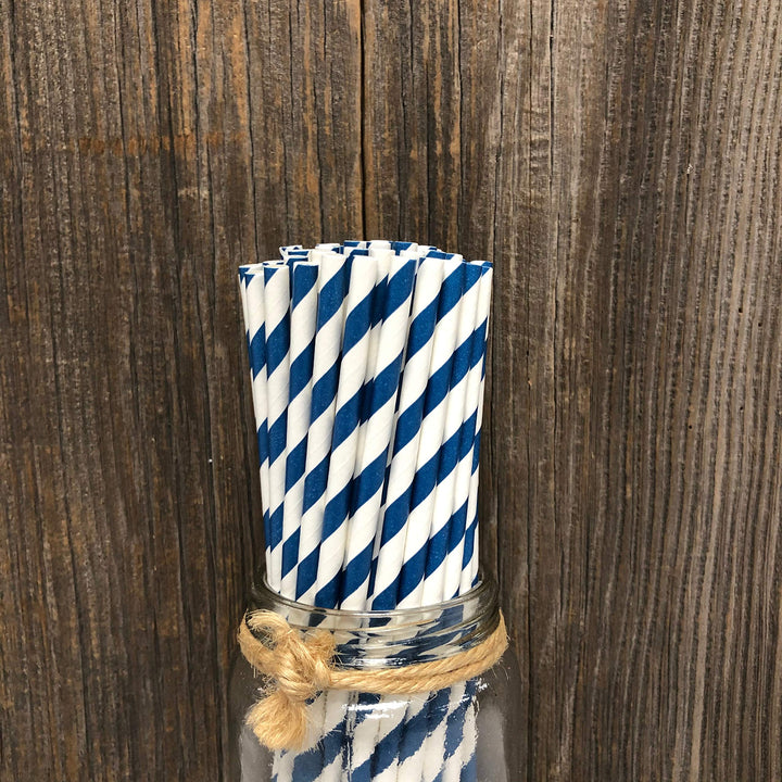 Navy Blue Stripe Paper Straws - 100 Pack