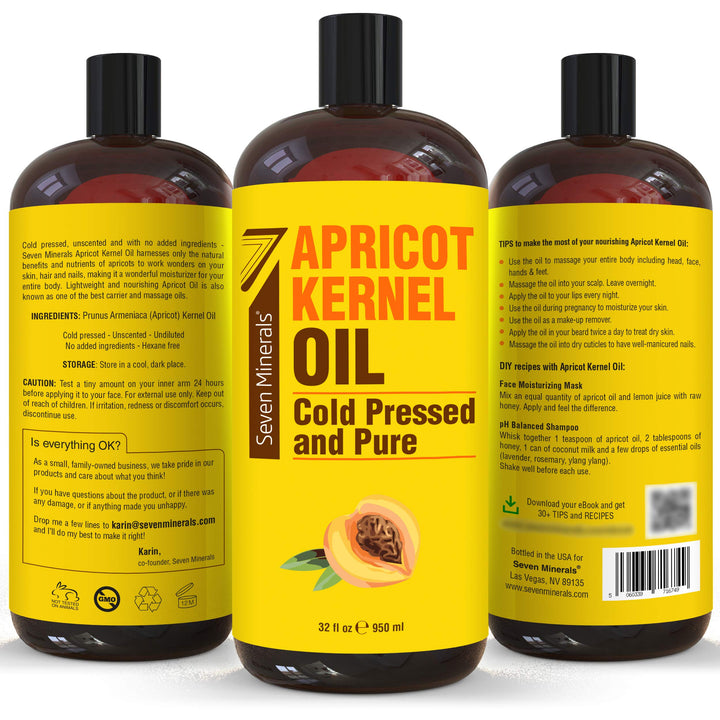 Pure Cold Pressed Apricot Kernel Oil - Big 32 fl oz Bottle - Non-GMO, Hexane Free, Natural &amp; Lightweight Moisturizer for All Skin Types - Perfect Carrier Oil for Massage Therapy and Aromatherapy