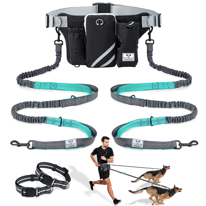 Retractable Hands Free Dog Leash with Dual Bungees for 2 Dogs, Adjustable Waist Belt Fanny Pack, Reflective Stitching Leash for Running Walking Hiking Jogging Biking Black