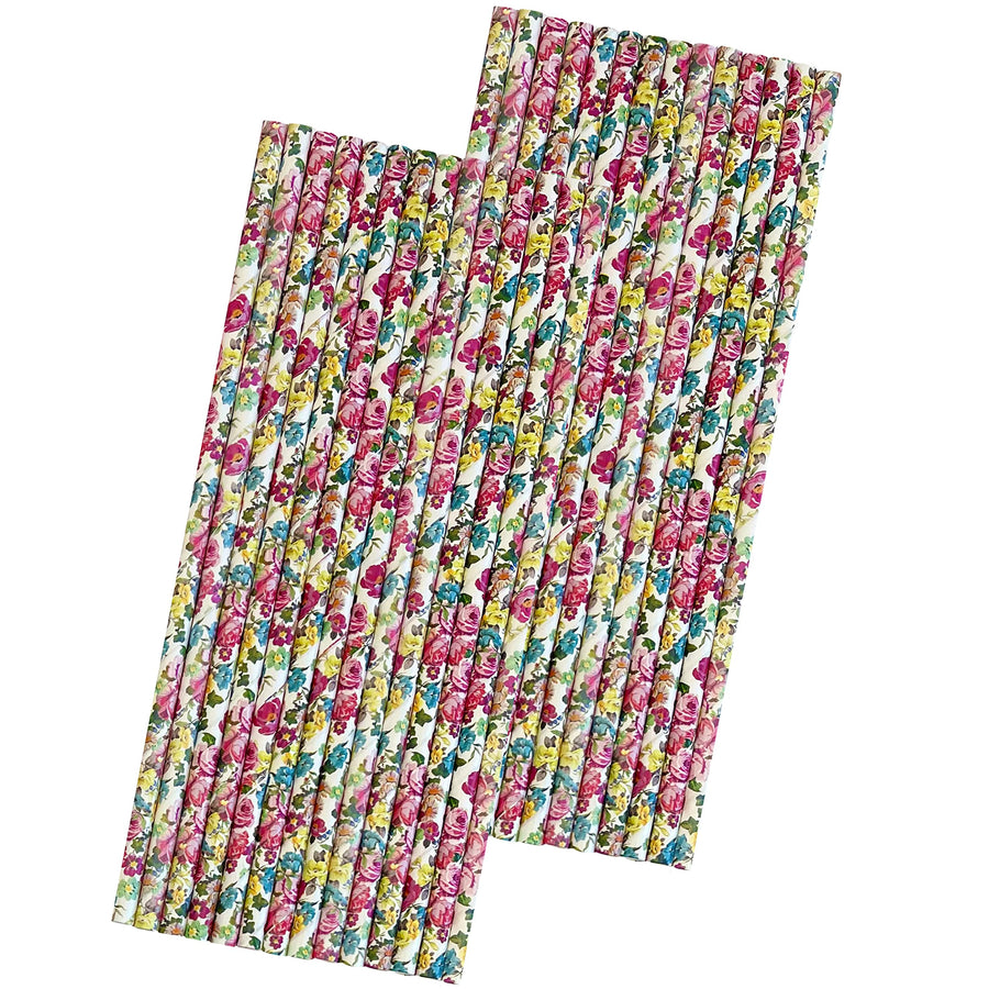 Rose Floral Paper Straws - Pink Yellow White - 7.75 inc