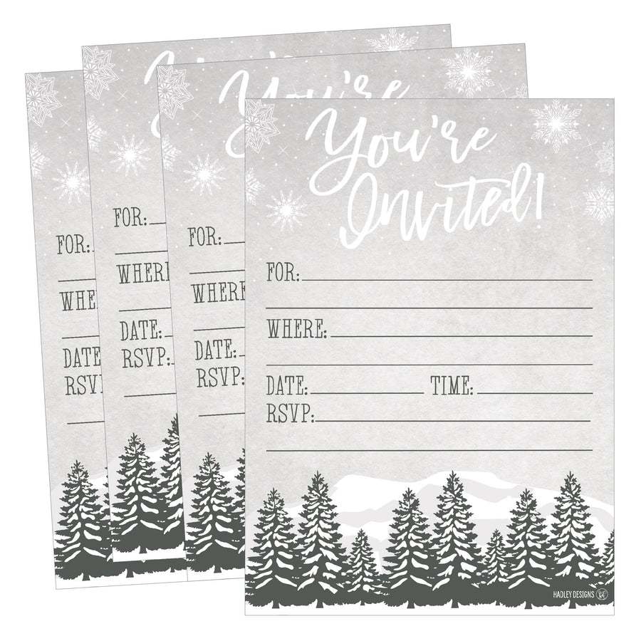 25 Woodland Christmas Holiday Invitations, Snowflake Winter New Years Bridal Or Baby Shower Invite Adult Kids Birthday Invitation Wedding Rehearsal Dinner Invites, Reception Anniversary, Housewarming