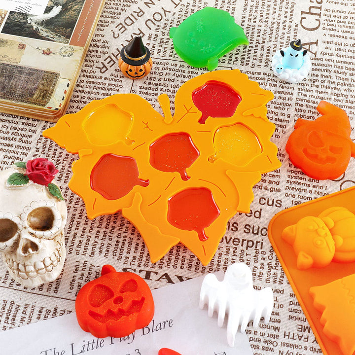 4Pcs Halloween Silicone Molds Rectangle Leaf Pumpkin Shape Candy Mould Tray Pumpkin Ghost Bat Skull Fondant Chocolate Moulds for DIY Craft Cupcake Cake Topper Decor Soap Jelly, Orange