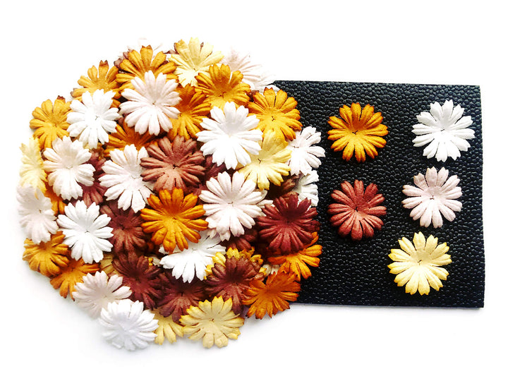 Tyga_Thai TH 50 pcs. Daisy Paper Flowers 25 mm. Mixed Tone Brown Petal Flower die cuts Mulberry Paper Flower Craft Handmade Wedding Scrapbook for so Many Card Craft Projects Brown, White Small
