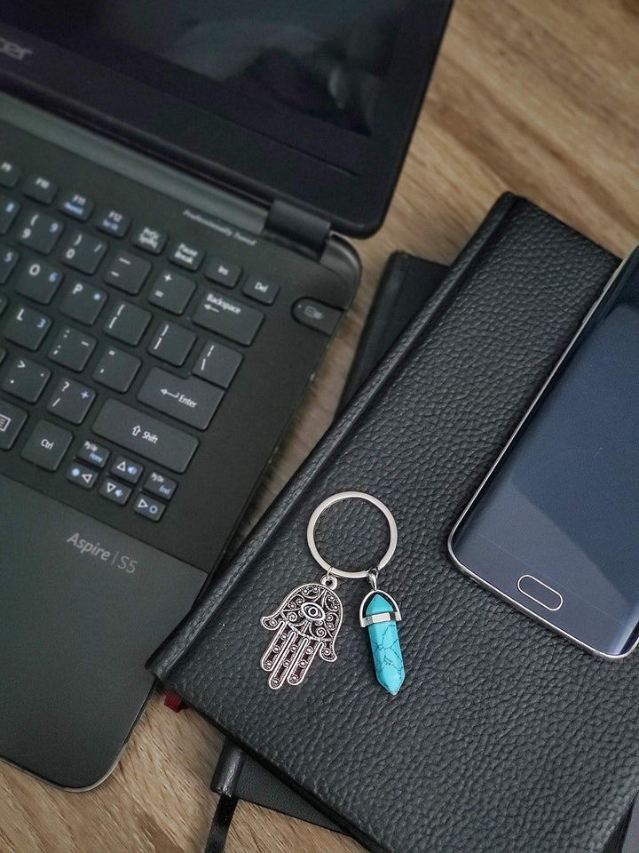 Hamsa Hand Evil Eye Keychain Charm Nazar Crystal Adorno Key Holder Bag Ring Backpack Purse Decoration Stuff Protection Self Aesthetic Accessories Amulet w/Gemstone (1.5” x 3”)