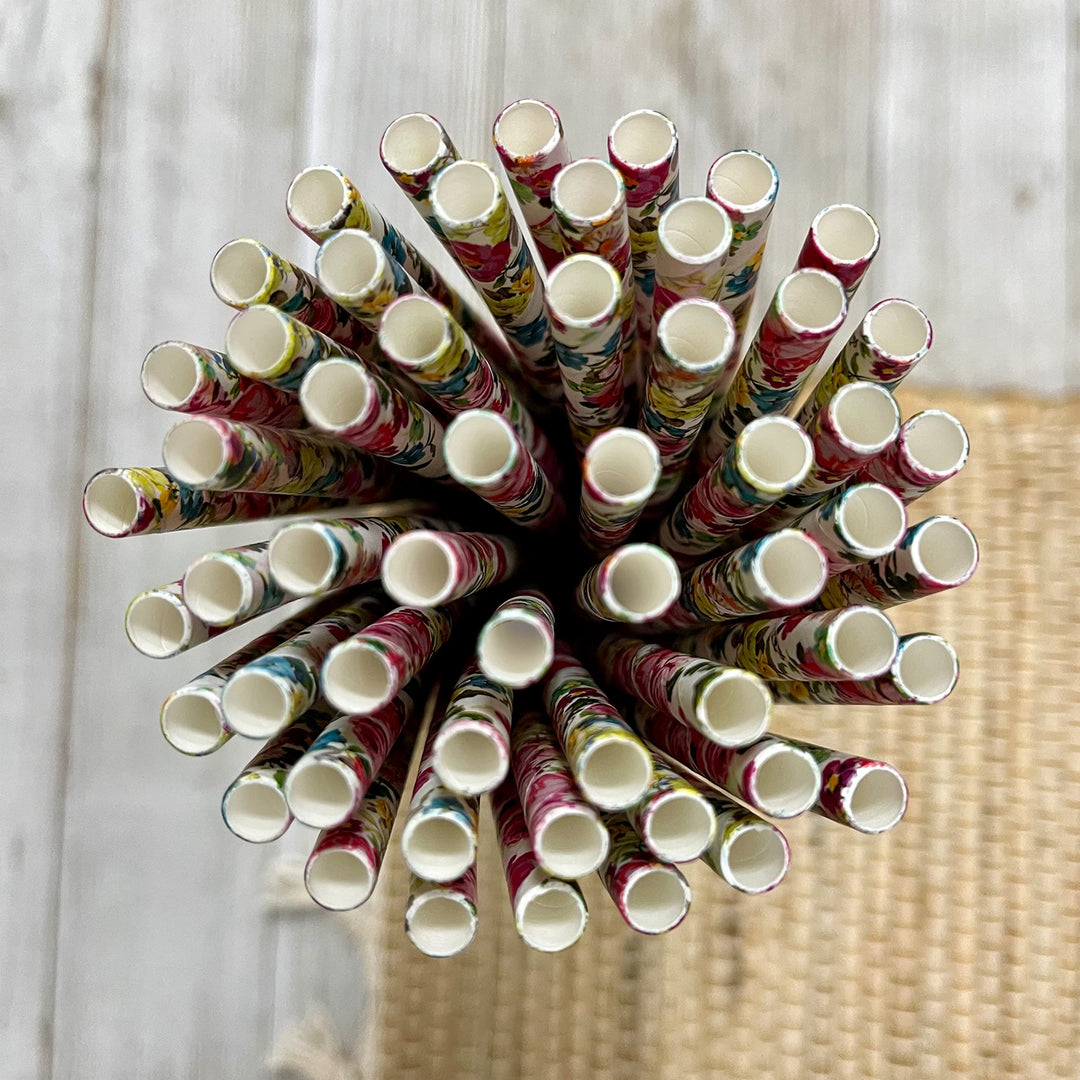 Rose Floral Paper Straws - Pink Yellow White - 7.75 inc