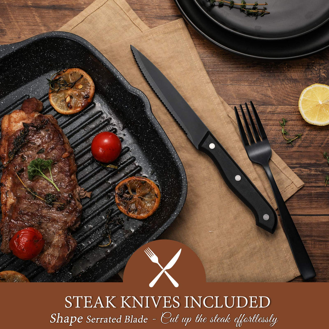 Hiware 24 Pieces Matte Black Silverware Set with Steak Knives for 4, Stainless Steel Flatware Utensils Set, Hand Wash Recommended