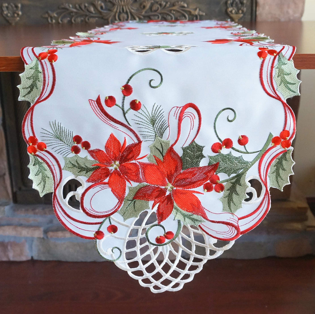 Holiday Christmas Table Runner 13x54, Cutwork Embroider