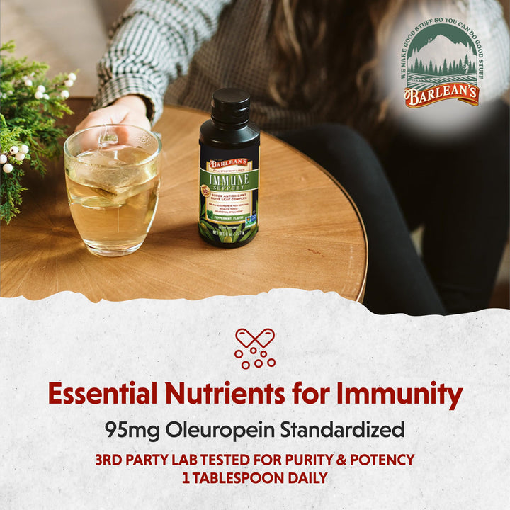 Barlean&#39;s Peppermint Olive Leaf Complex Liquid Immune Support Supplement with 95mg Oleuropein Antioxidants, 16 Ounce