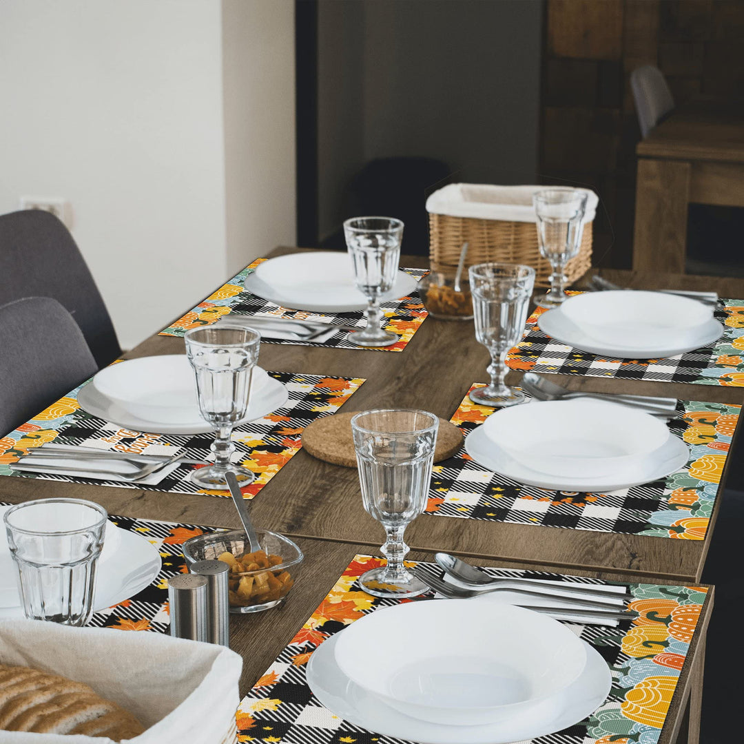 Thanksgiving Placemats Set of 4 Fall Pumpkin Maple Leaves Buffalo Plaid PVC Placemats for Dining Table Waterproof Table Mats Holiday Table Decorations 12 × 18 inch