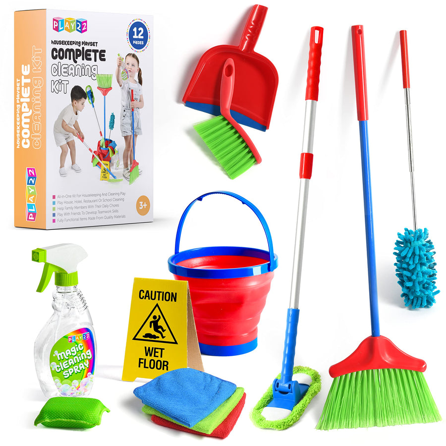 Kids Cleaning Set 12 Piece - Toy Cleaning Set Includes Broom, Mop, Brush, Dust Pan, Duster, Sponge, Clothes, Spray, Bucket, Caution Sign, - Toy Kitchen Toddler Cleaning Set - Original