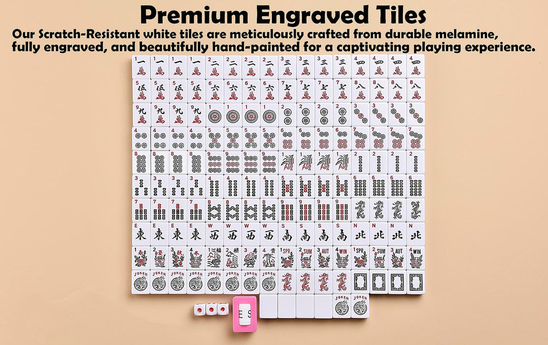 American Mahjong Game Set 166 White Engraved Tiles for Western Mah Jong, Mah jongg Play with Traveler Size Carrying Case, Dices, Chips, Manual,Win indicator. / Racks and Pushers not included
