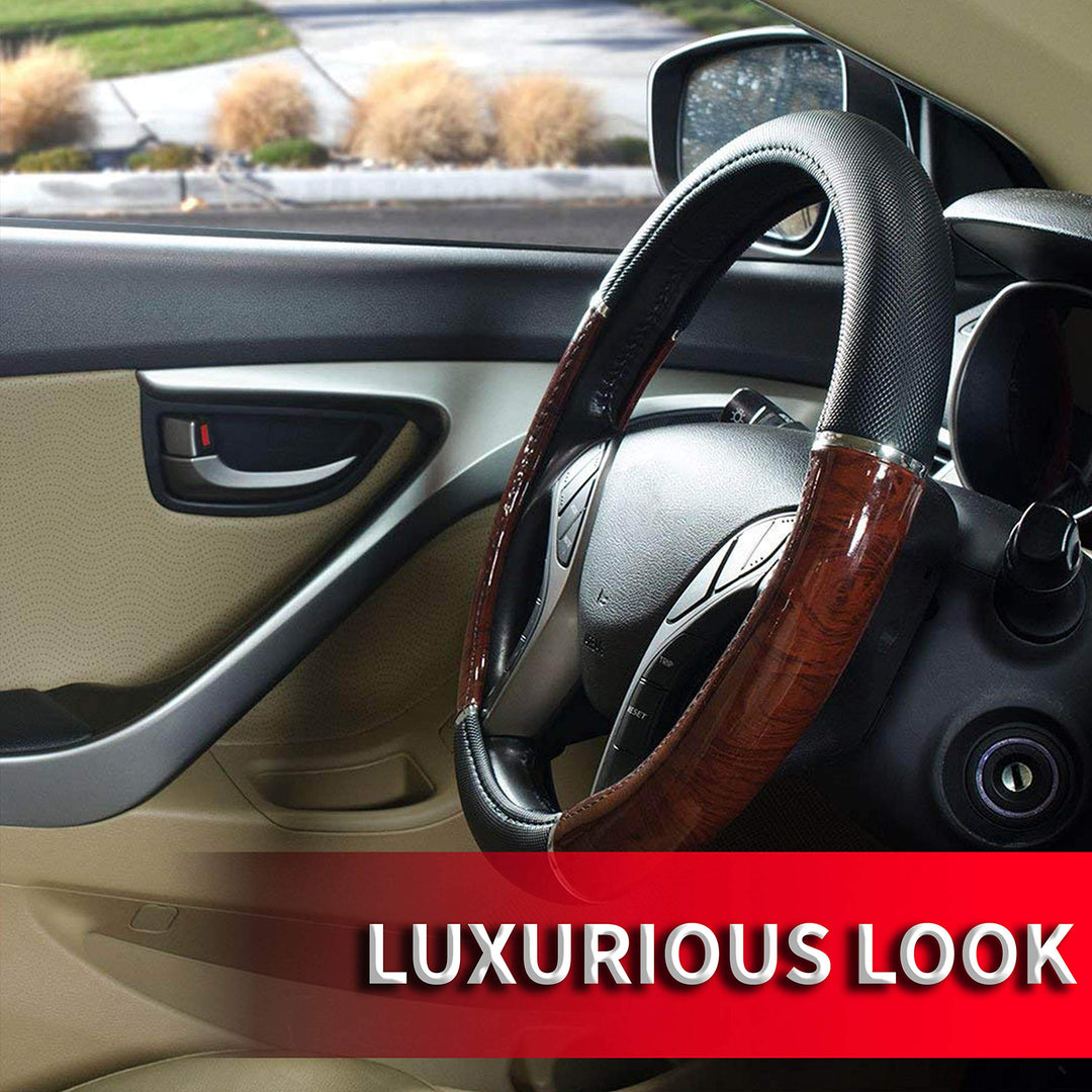 35710P Black Steering Wheel Cover with Woodgrain Design and Chrome Trim