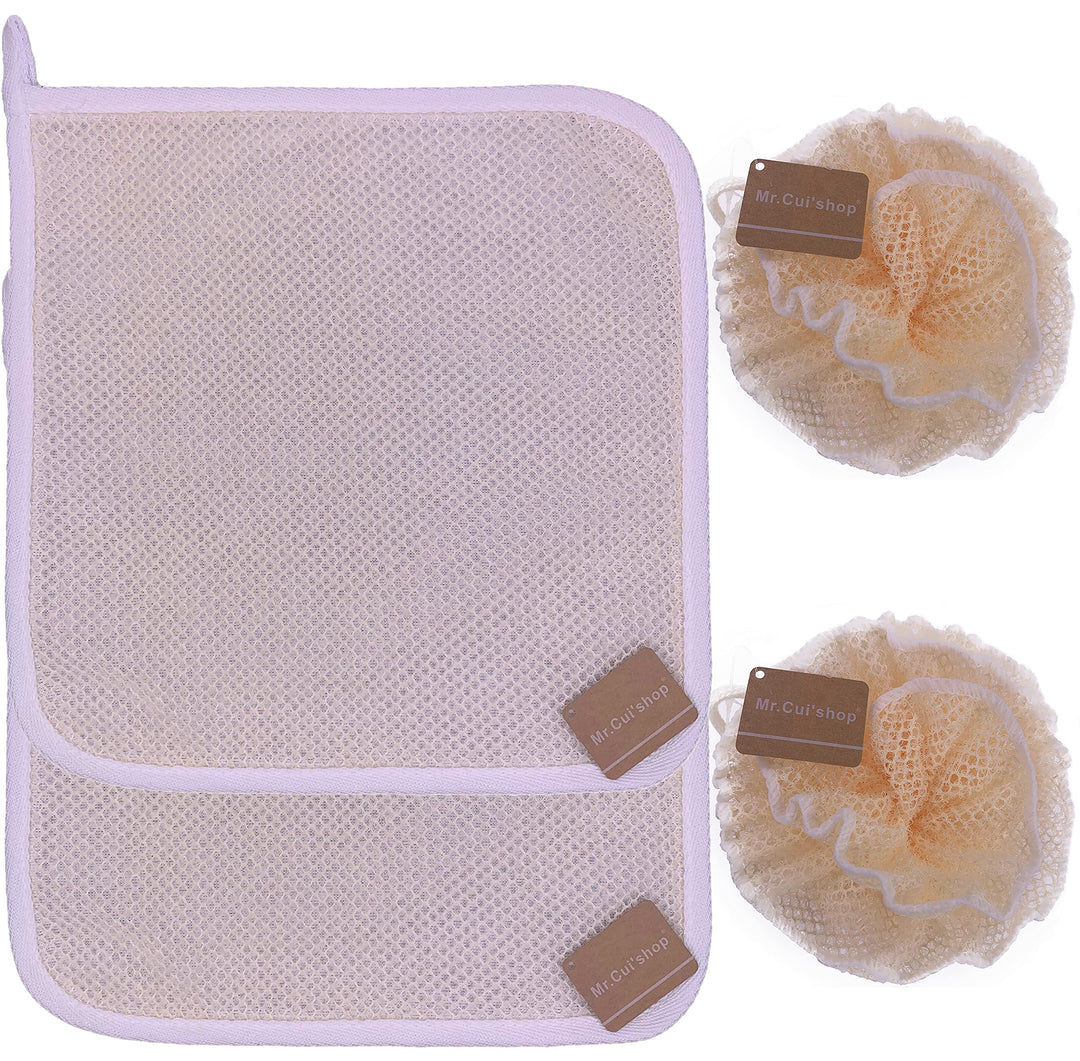 4 pcs/set 2 Soft Weave Home Spa Exfoliating Face and Body Wash Cloths, Dual-Textured for Shower &amp; 2 Bath Spa Puff Scrubber Ball - Remove Dead Skin - Great for Skin Care in the Bath - Rich Foams Bubble
