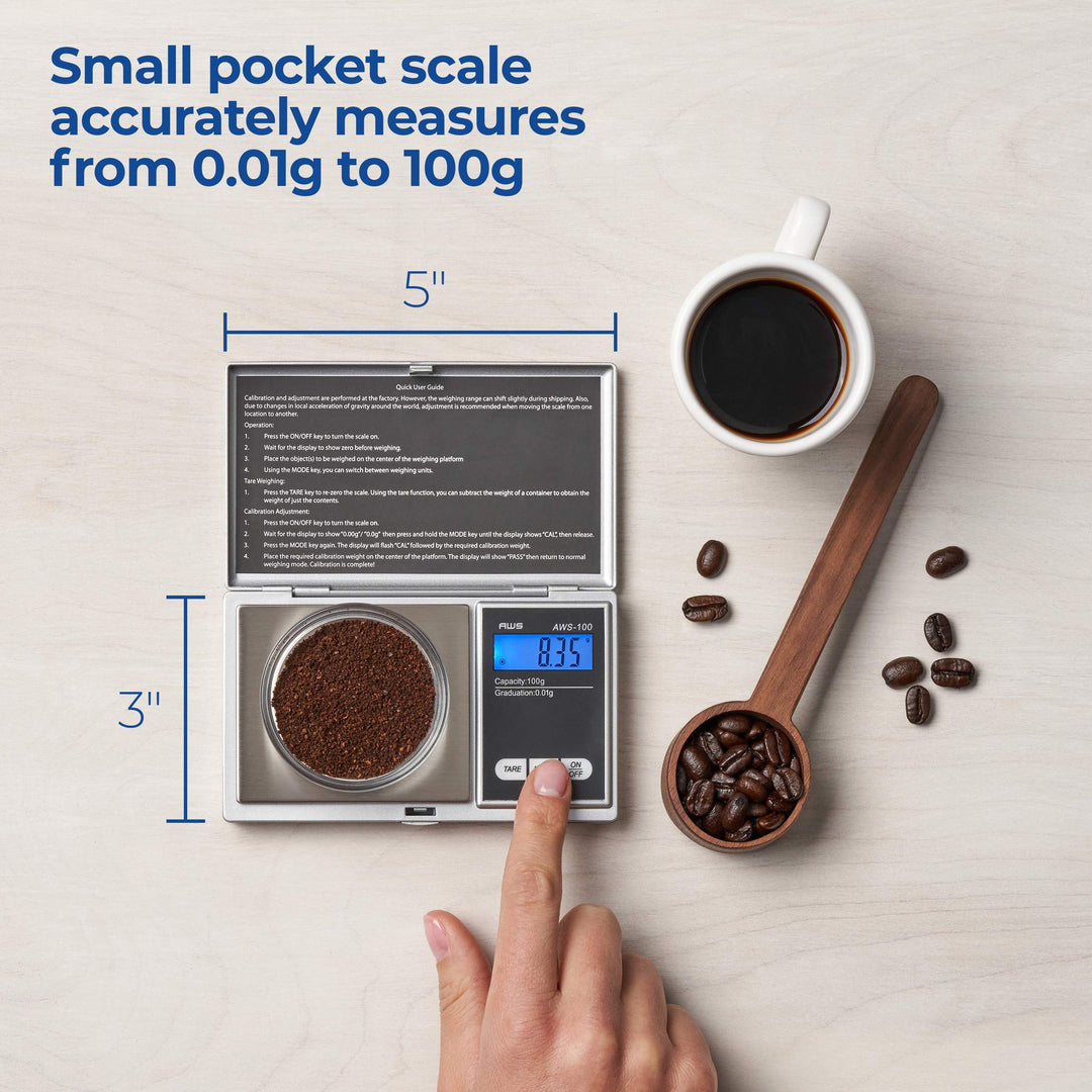 American Weigh Scales Series Digital Pocket Weight Scale Backlit LCD Stainless-Steel Surface 100g x 0.01g, (Silver), AWS-100-SIL