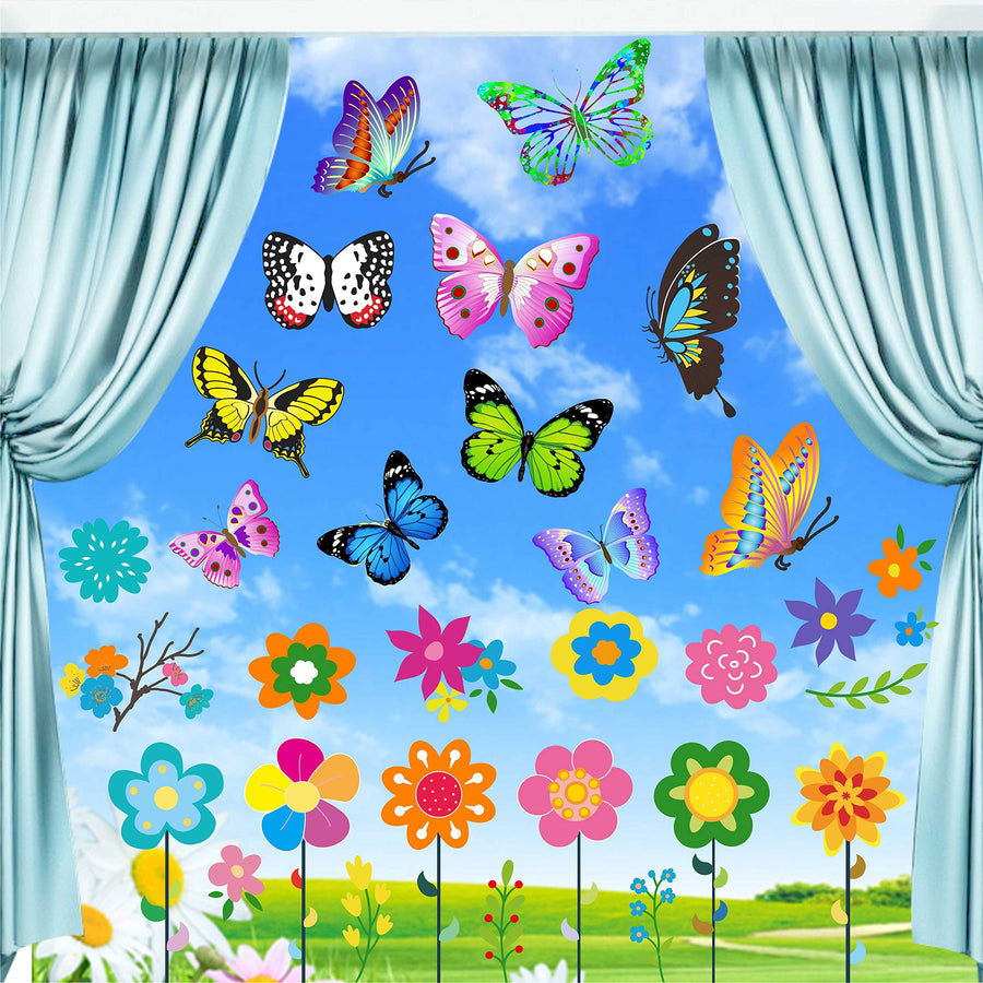 18 PCS Butterfly Window Clings with 12 PCS Flowers Window Clings Decals Anti-Collision Window Stickers to Deterrent Decal & Glass Decor to Alert Birds