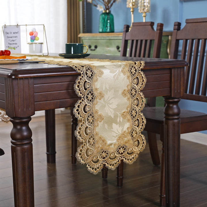 Jacquard Table Runner with Macrame Lace Fabric Small Runners for End Side Card Tabletop Decorations Gold 36 inch, 13 x 36 inch