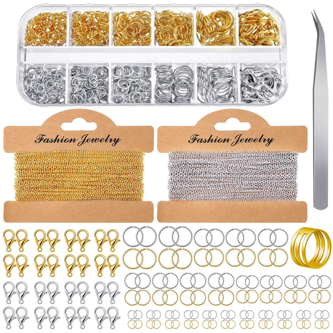 Jewelry Making Chains 49.2 Feet Stainless Steel Link Chains 1000 Pieces Jump Rings 40 Pieces Lobster Clasps with Curved Tweezers and Brass Jump Ring Opener for Women Men DIY Jewelry (Gold, Silver)