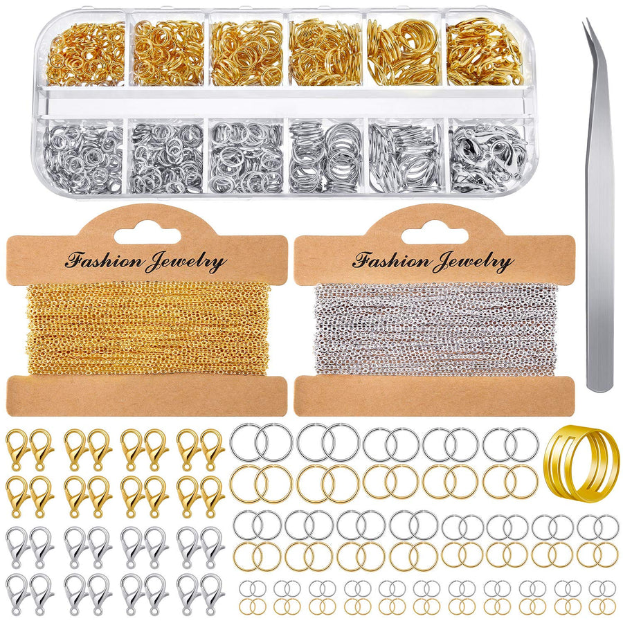 Jewelry Making Chains 49.2 Feet Stainless Steel Link Chains 1000 Pieces Jump Rings 40 Pieces Lobster Clasps with Curved Tweezers and Brass Jump Ring Opener for Women Men DIY Jewelry (Gold, Silver)